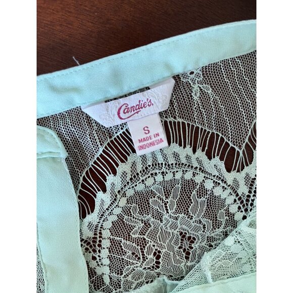 Candies Seafoam Green Lace Yoke Blouse With Tab Sleeves & Tie Waist - Picture 4 of 4